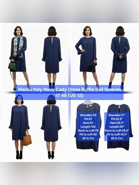 Mantù Italy Navy Cady Dress Ruffle Bell Sleeves Size IT48/US 12